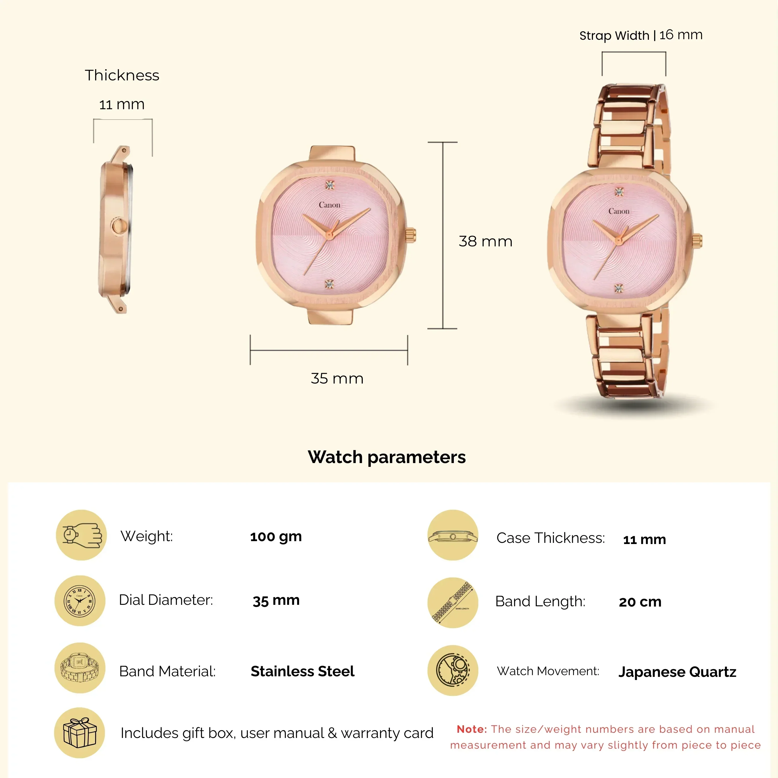 Canon Quartz Square Watch For Women - Baby Pink - Image 10
