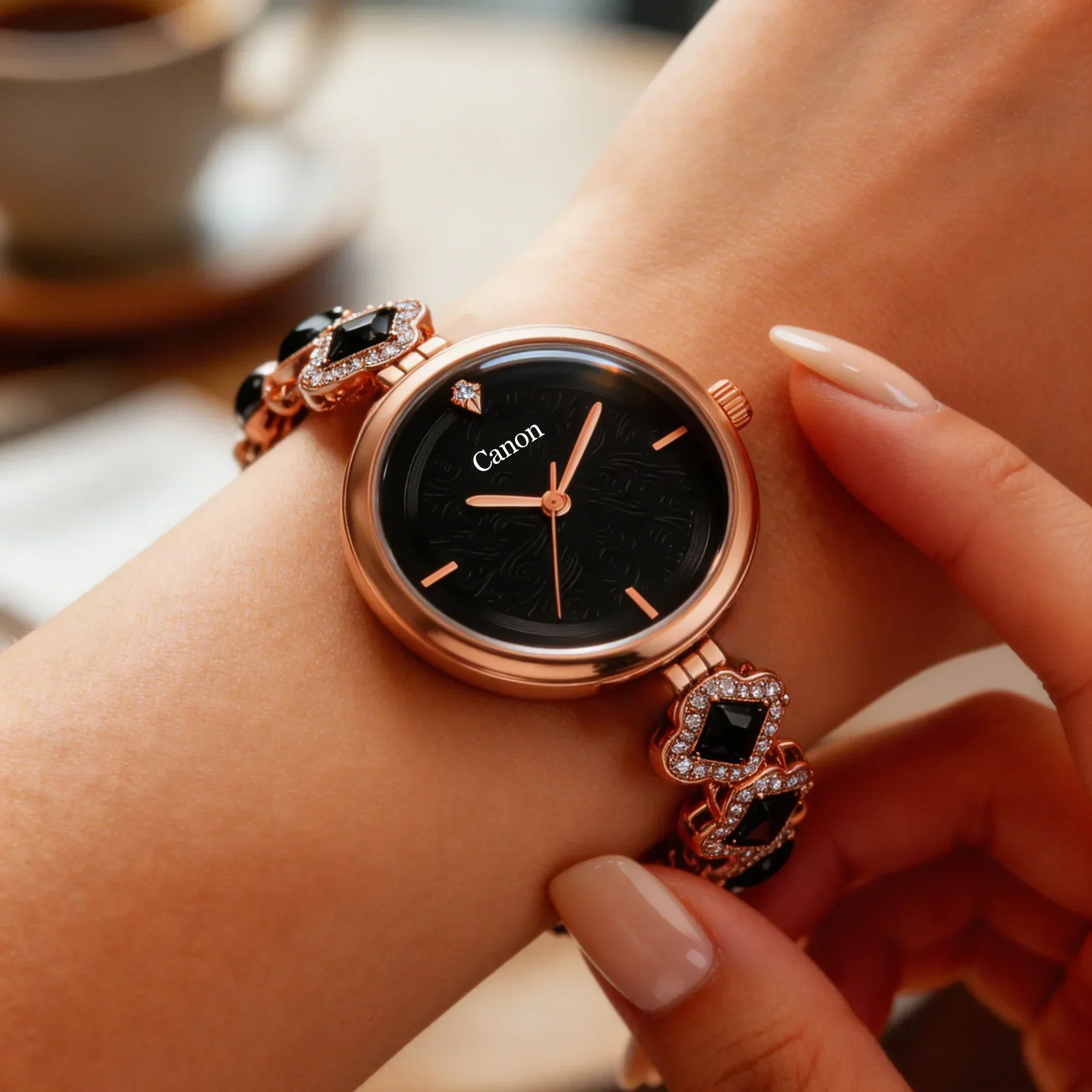 Serenite Rose Gold Black Dial Watch for Women with Crystal Jewellery Bracelet 495 - Image 3