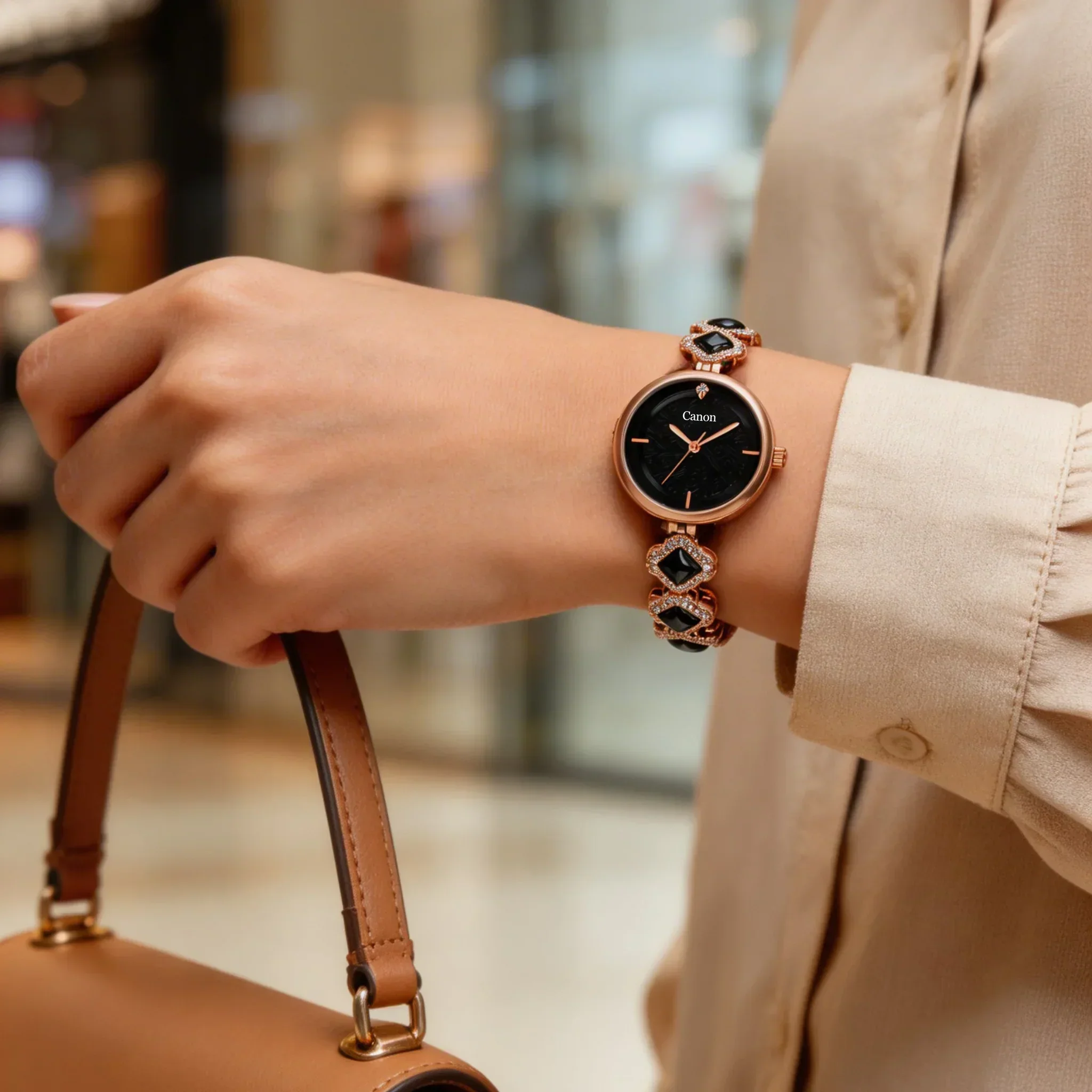 Serenite Rose Gold Black Dial Watch for Women with Crystal Jewellery Bracelet 495 - Image 4