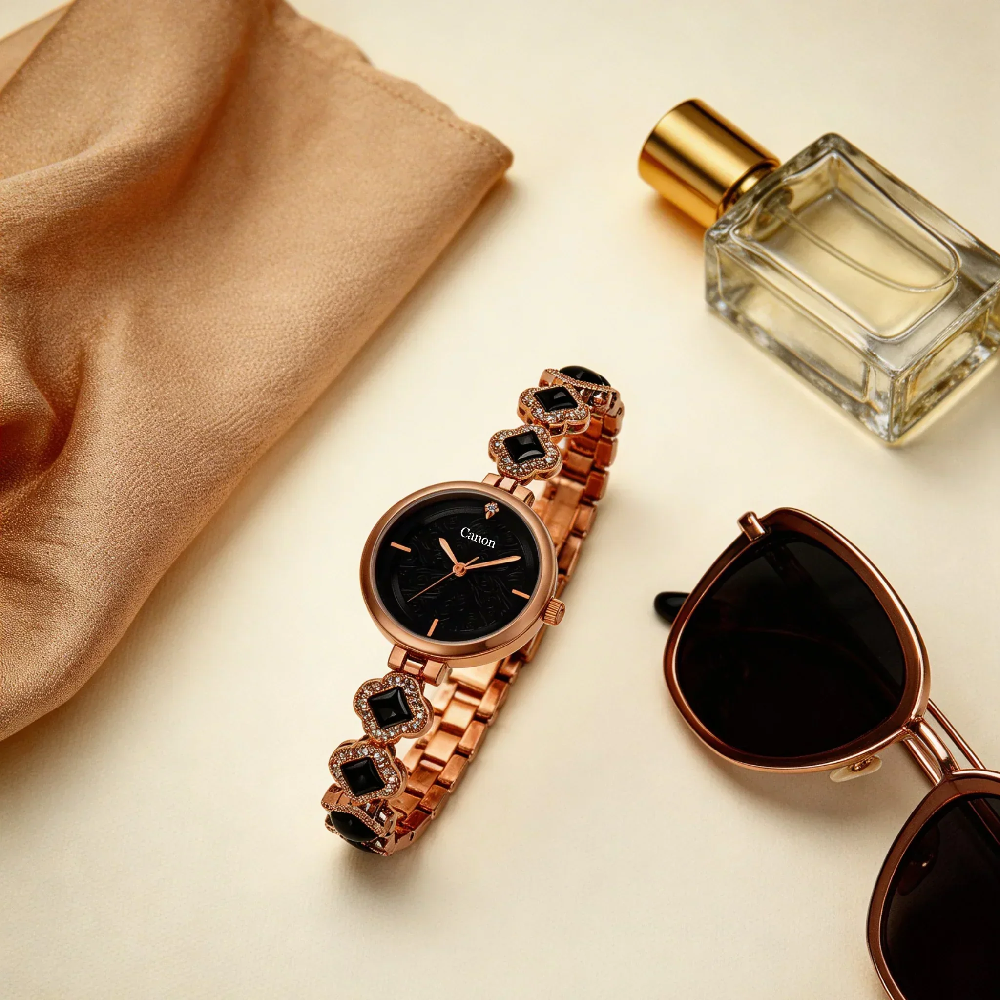 Serenite Rose Gold Black Dial Watch for Women with Crystal Jewellery Bracelet 495 - Image 5