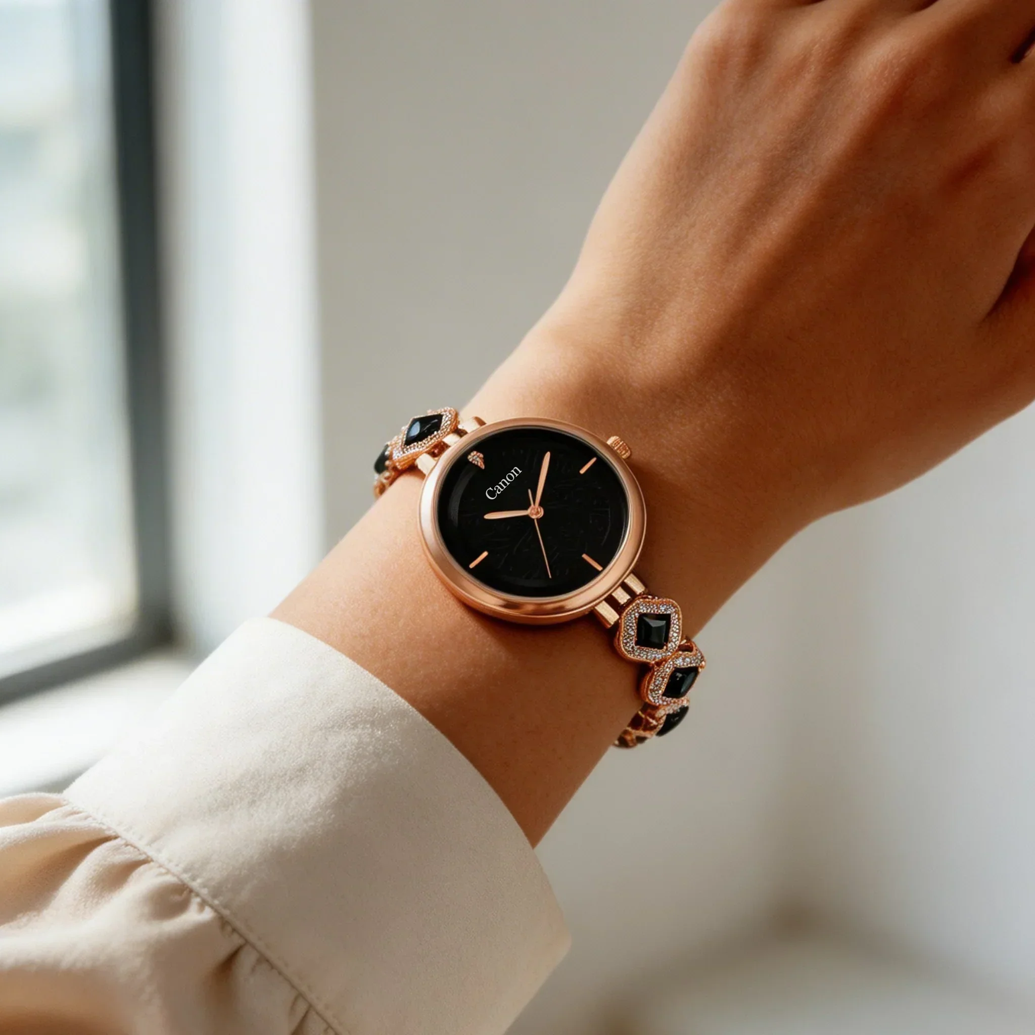 Serenite Rose Gold Black Dial Watch for Women with Crystal Jewellery Bracelet 495 - Image 9