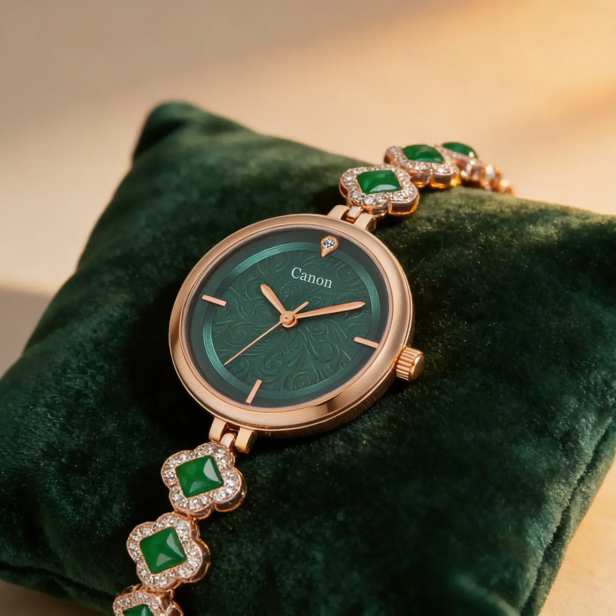 Rose Gold Emerald Green Dial Watch for Women with Crystal Bracelet 494 - Image 3