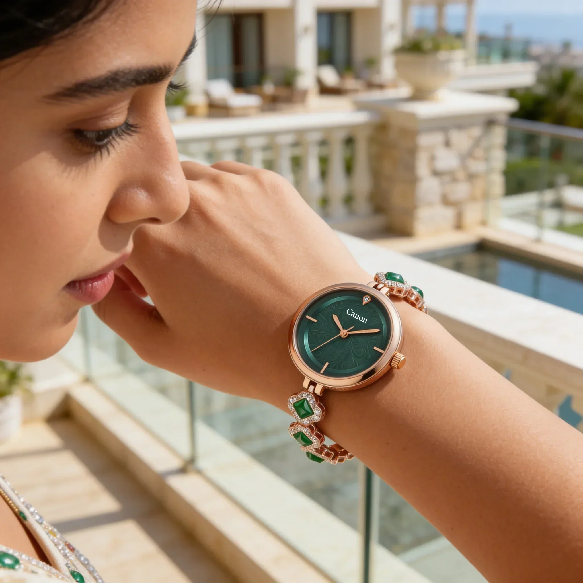 Rose Gold Emerald Green Dial Watch for Women with Crystal Bracelet 494 - Image 4