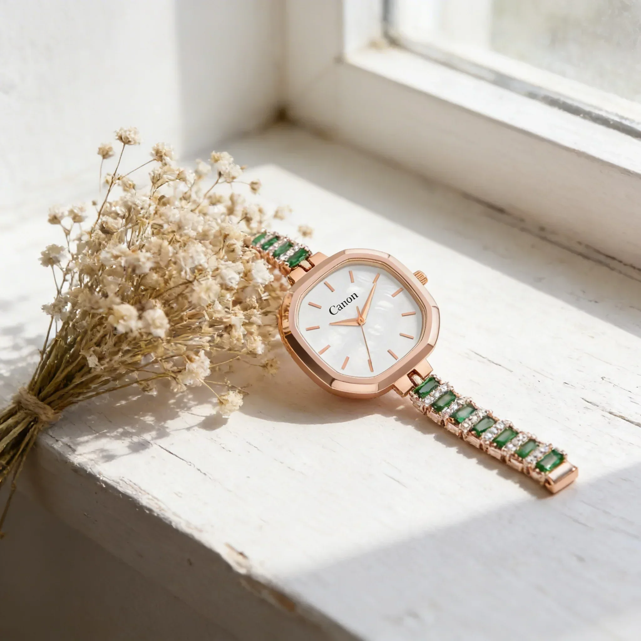 Serenite Pearl White Dial & Emerald Green Bracelet Rose Gold Women’s Watch 492 - Image 4