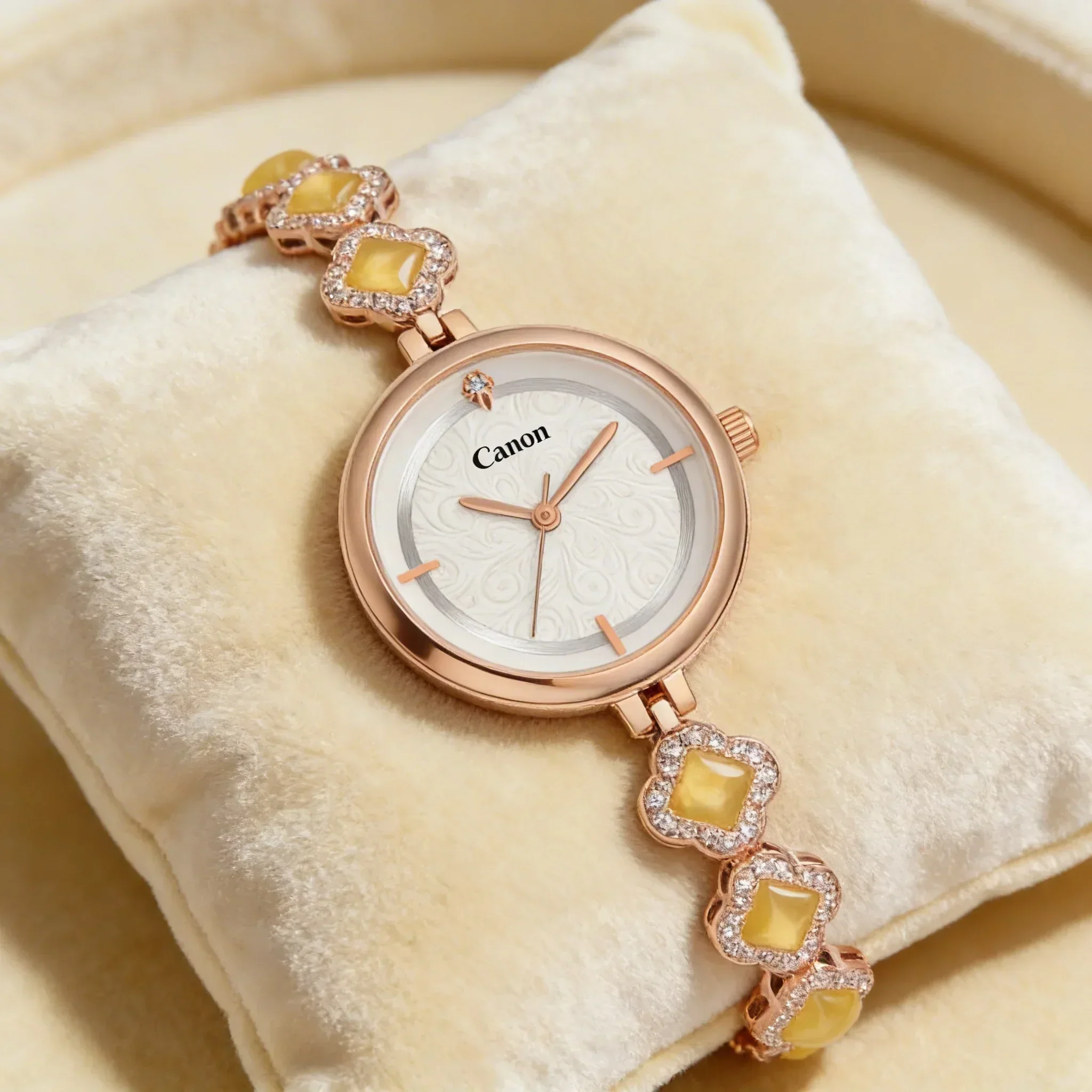 Serenite Rose Gold Pearl White Dial Women's Watch with Yellow Stone Bracelet 497 - Image 3
