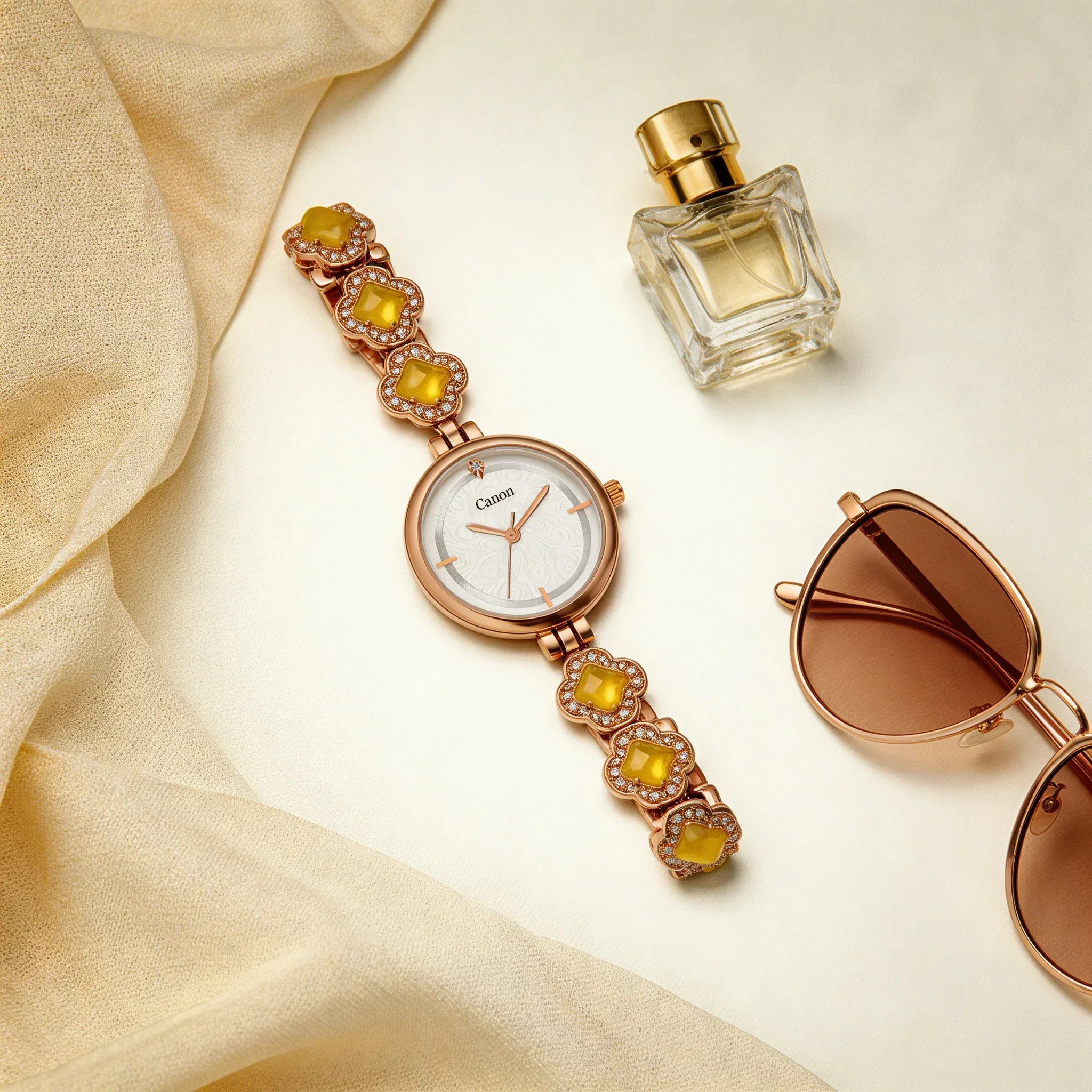 Serenite Rose Gold Pearl White Dial Women's Watch with Yellow Stone Bracelet 497 - Image 4